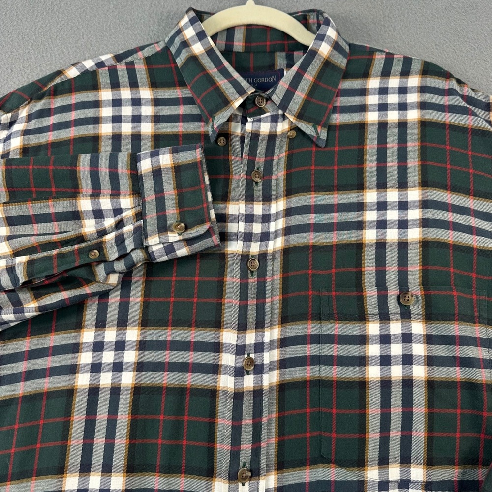 Kenneth Gordon USA Mens Large Plaid Button Down Shirt Green Navy Cotton USA Made